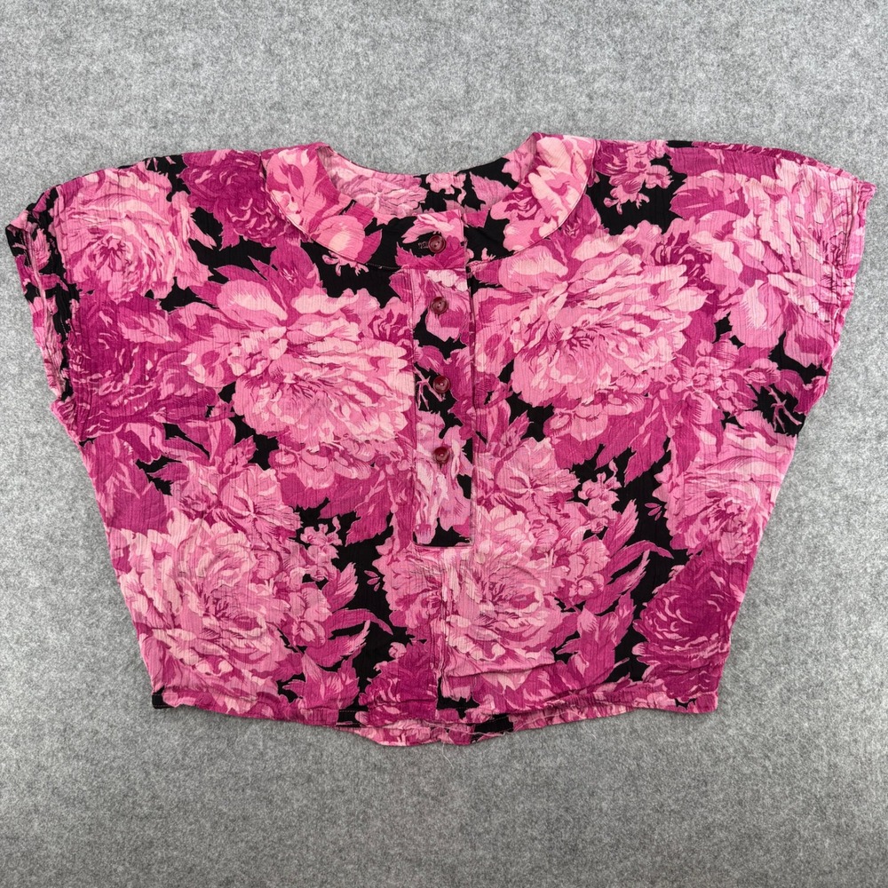 Vintage Pink Floral Boxy Short Sleeve Button Unbranded Top Womens One Size